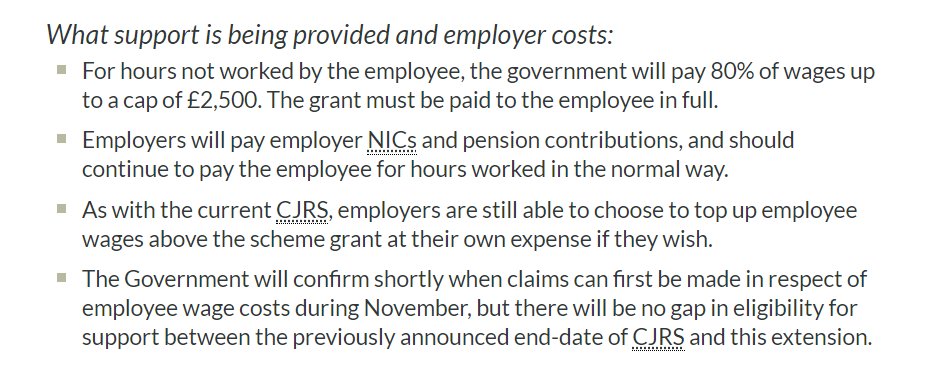 Extended  #JobRetentionScheme: what support is being provided and employer costs? For hours not worked by the employee, the government will pay 80% of wages up to a cap of £2,500. Employers will cover ER NICS and pension contributions; Employers can top up wages if they wish