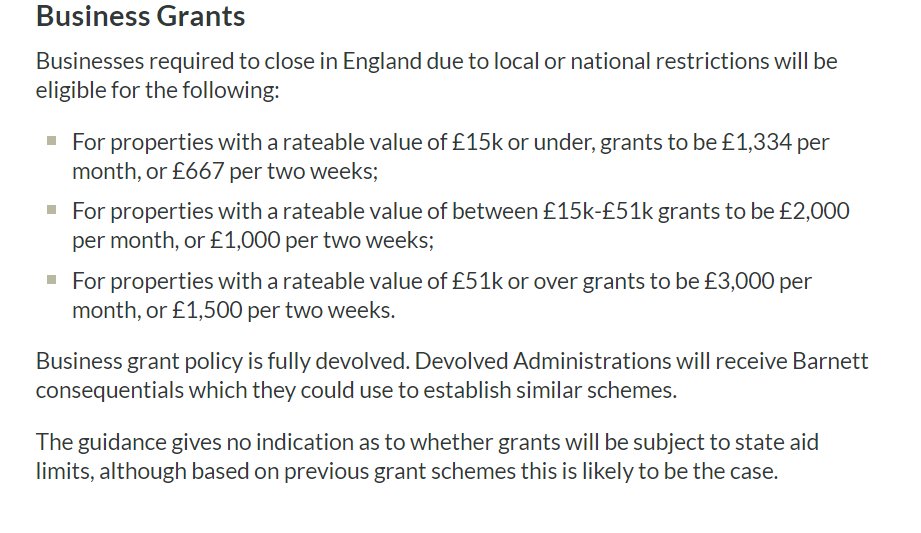 Lastly, businesses required to close in England due to local or national restrictions will be eligible for  #BusinessGrants (see details in the graphic). NB grants will most likely be subject to  #StateAid restrictions. Applies to England only as responsibility for grants devolved