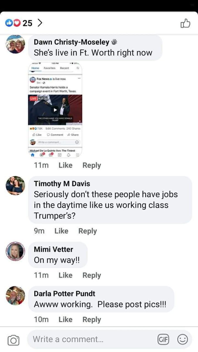 Facebook conversation from the “Trump Train” group in New Braunsfels group plotting to converge on the bus carrying Kamala Harris.One says “don’t these people have jobs in the daytime like us working class Trumpers.”