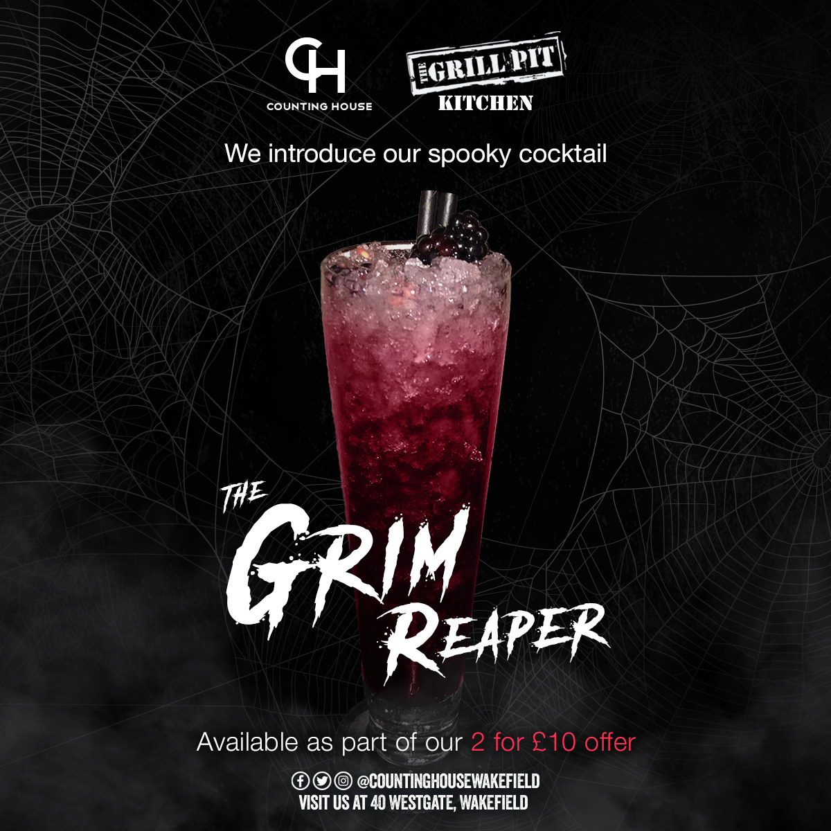 thegrillpitw's tweet photo. The Grim Reaper!
Our newest cocktail available throughout the Halloween Weekend! 🎃

Blackberry Gin, Fresh Blackberries and CremeDeCassis, topped with a Prosecco Float 😉👻

Available as part of our 2 for £10 offer

Open from 12pm!

#GrillPitKitchen #CountingHouse #Halloween https://t.co/QolUo2VTcr