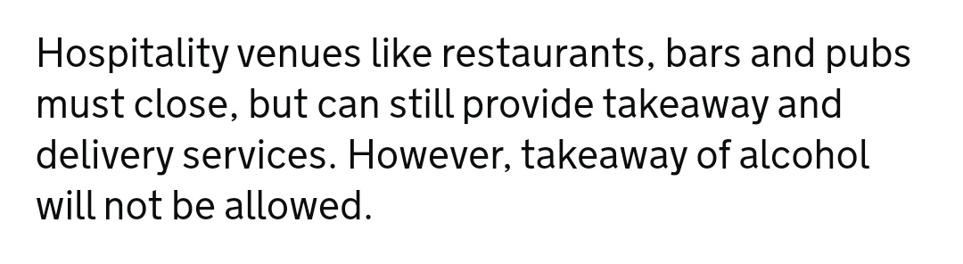 New restrictions mean that pubs can't offer a takeaway service on alcohol but you can go to the supermarket &amp; fill your boots with cans. <a href="/BorisJohnson/">Boris Johnson</a> <a href="/amandamilling/">Amanda Milling</a> help pubs survive this lockdown. Why can't pubs offer a takeaway service like shops?  #caskale <a href="/CAMRA_Official/">CAMRA</a>