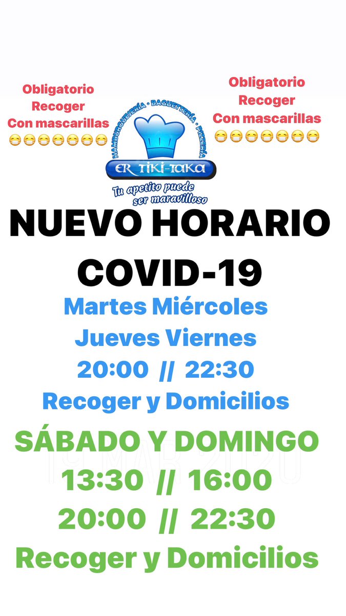 Nuevo Horario ER TIKI-TAKA 

#ApoyaLaHosteleria
#AdelantaLaCena