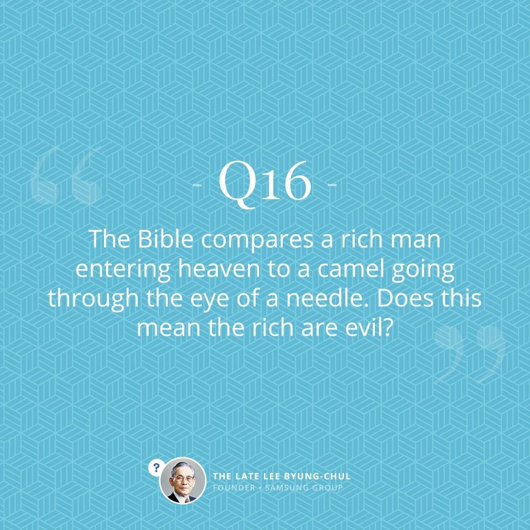 scjchurch_en's tweet photo. #WiseQnA16 The Bible compares a rich man entering heaven to a camel going through the eye of a needle. Does this mean the rich are evil?
Check the #WiseAnswer
#Bible #WiseQuestion #ShincheonjiChurch #God #Religion #Spirit #heaven #belief #rich https://t.co/lSIrLY48y2