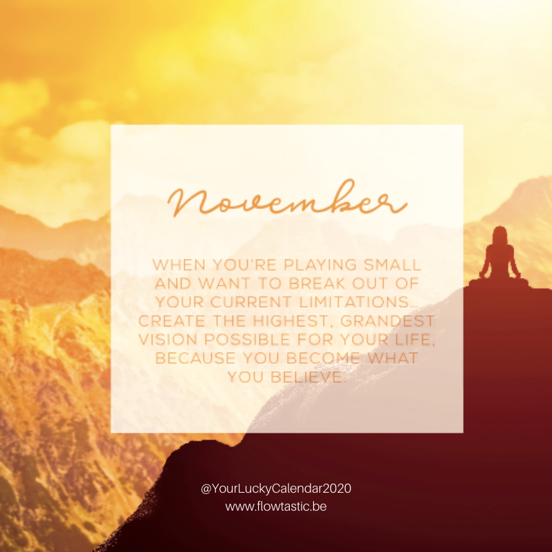 ansterken's tweet photo. Welcome November | Quote of the month:⁠
⁠
WHEN YOU'RE PLAYING SMALL
AND WANT TO BREAK OUT OF
YOUR CURRENT LIMITATIONS
CREATE THE HIGHEST, GRANDEST
VISION POSSIBLE FOR YOUR LIFE.
BECAUSE YOU BECOME WHAT YOU BELIEVE.
⁠
⁠
#Quoteofthemonth #november #yourluckycalendar #ansterken https://t.co/QmWNkRCjb9