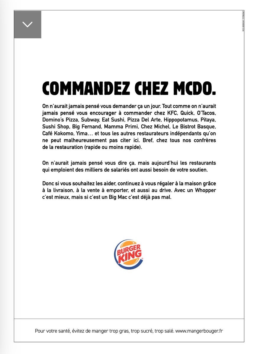 Pub pleine page dans le JDD <a href="/BurgerKingfr/">Burger King France</a> toujours aussi pertinent et impertinent avec son « Commandez chez McDo »