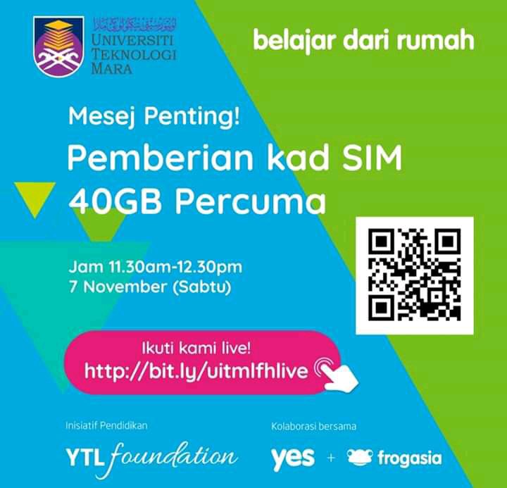 smfim_official's tweet photo. Pemberian 40GB data percuma kepada pelajar UiTM dari YTL Foundation dengan kerjasama YES dan FrogAsia
Sila rujuk gambar untuk maklumat lanjut
#SMFPM
#UiTMDiHatiku
#KamiUiTM
#UiTMPuncakPerdana https://t.co/8E6mr1RbMc