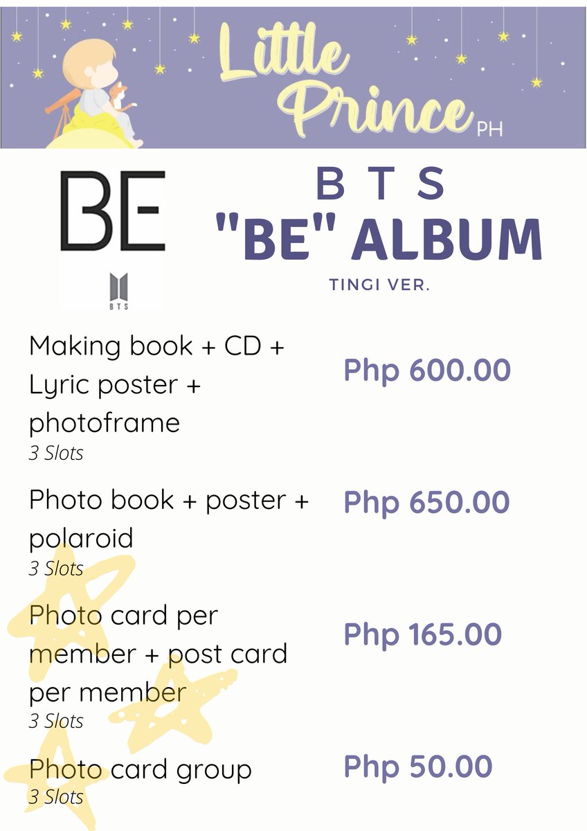 LittlePrincePH's tweet photo. BTS "BE" Deluxe Edition Tingi Version

🗓DOO: until all inclusions are sold
💵DOP: 15 days after placing an order
💳MOP: GCash, BPI, Security Bank, Unionbank (pls DM us if pref. MOP is not included)

@BTS_twt @bts_bighit #MAMAVOTE #BTS #BTSxAMAs #BTSOnNDTV #BTSARMY #BEisComing https://t.co/Gt3QD4BmNS