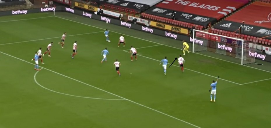 3. Ferran Torres' movementSpecial mention to the movement as a no 9 by Ferran Torres. He was outstanding in that role and only lacked the finishing touch. The Sheffield back 3 were always on their toes and it helped the likes of Sterling, KDB massively. Check the picture.