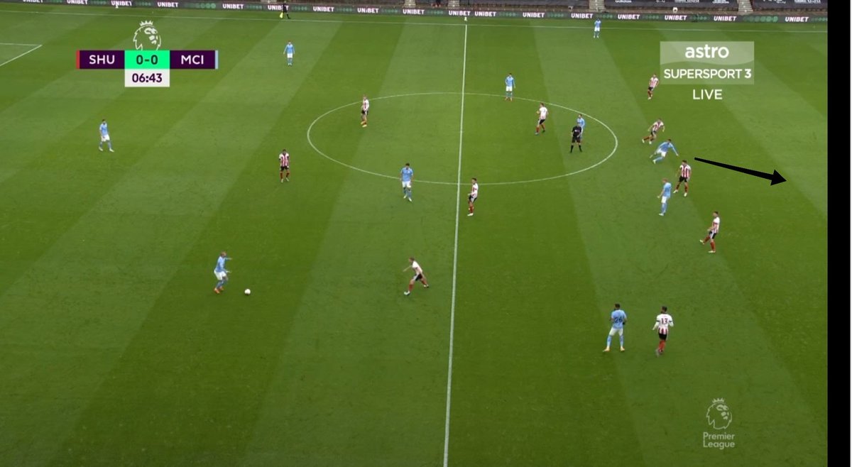 3. Ferran Torres' movementSpecial mention to the movement as a no 9 by Ferran Torres. He was outstanding in that role and only lacked the finishing touch. The Sheffield back 3 were always on their toes and it helped the likes of Sterling, KDB massively. Check the picture.