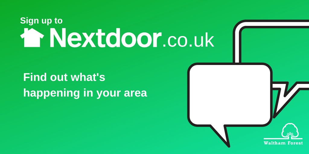 "Sign up to Nextdoor.co.uk
Find out what is happening in your area" in white font on green background