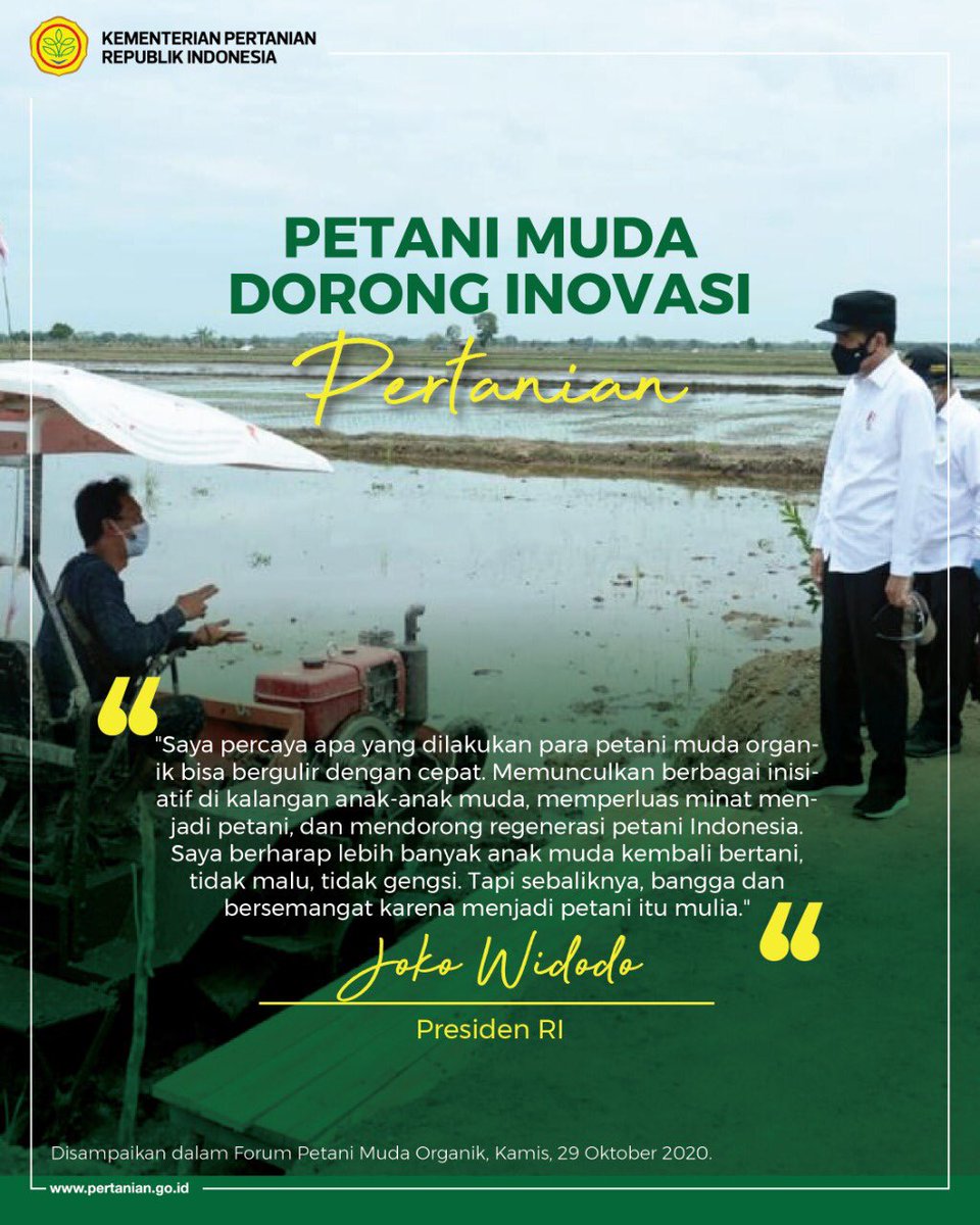 kementan's tweet photo. #Sobatani Presiden @jokowi  mengajak kalangan muda Indonesia kembali menekuni dunia pertanian. Menurutnya, hanya dengan cara itu negara ini kembali berjaya atas hasil tani yg sangat menjanjikan.

Apa sajakah peran petani muda dalam sektor pertanian? Yuk simak informasi berikut. https://t.co/Ncm3EKt32c