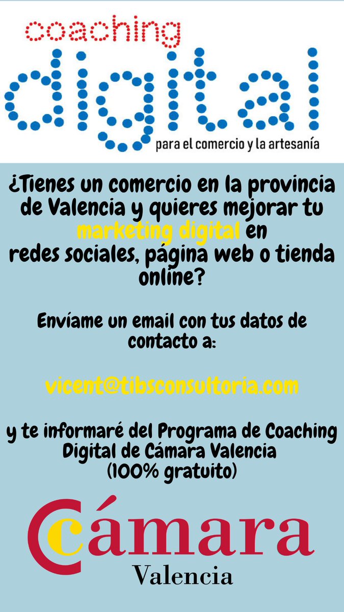 Vicent_Lluch's tweet photo. Programa de #Coaching #Digital #DigitalMarketingServices de la @camaravalencia dirigido a los comercios minoristas de la provincia de #Valencia. 100% gratuito. Solicita más información en: https://t.co/JDTcfBWQG6 https://t.co/s74UC5EX3L