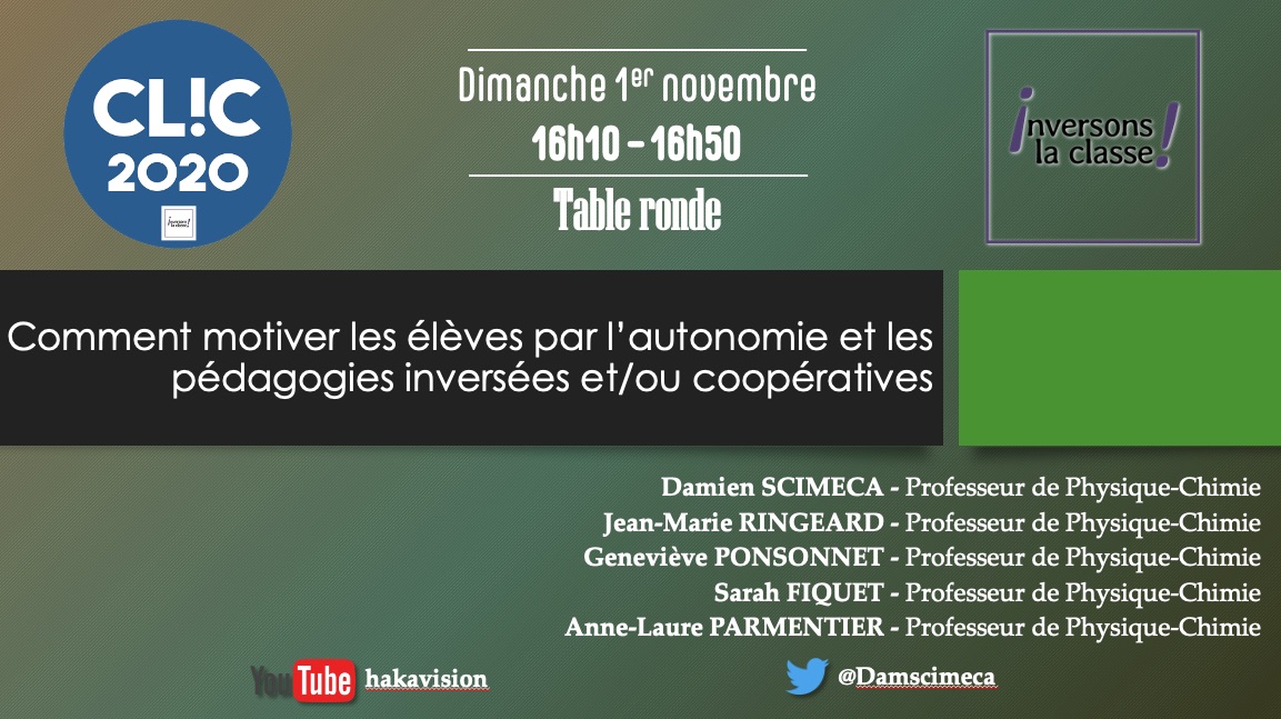 Damscimeca's tweet photo. Aujourd'hui au @CLIC_congres à de16h10 à 16h50 une table ronde sur le thème "comment motiver les élèves par l'autonomie avec les pédagogies inversées et/ou coopératives. Je serai accompagné de @jeanmarier @gponsonnet @Prof_Simone_95 @alparmentier1
 on vous attend nombreux. https://t.co/atd3kWsKiO