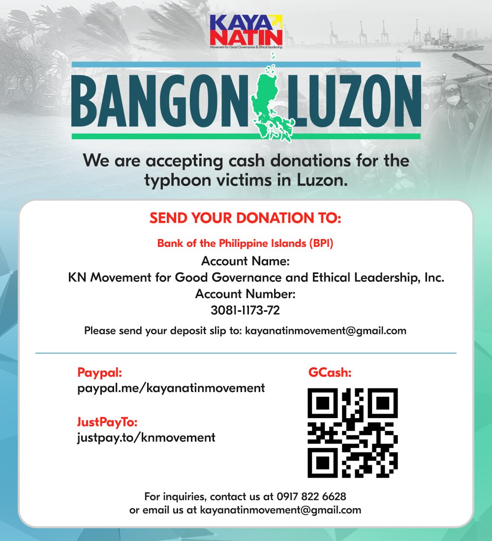 KayaNatinPH's tweet photo. Kaya Natin! Movement is starting its relief drive for the victims of Typhoon #RollyPH. 

For those who want to donate, you can check the pubmat for details. #ReliefPH https://t.co/yNciT7Fhwg