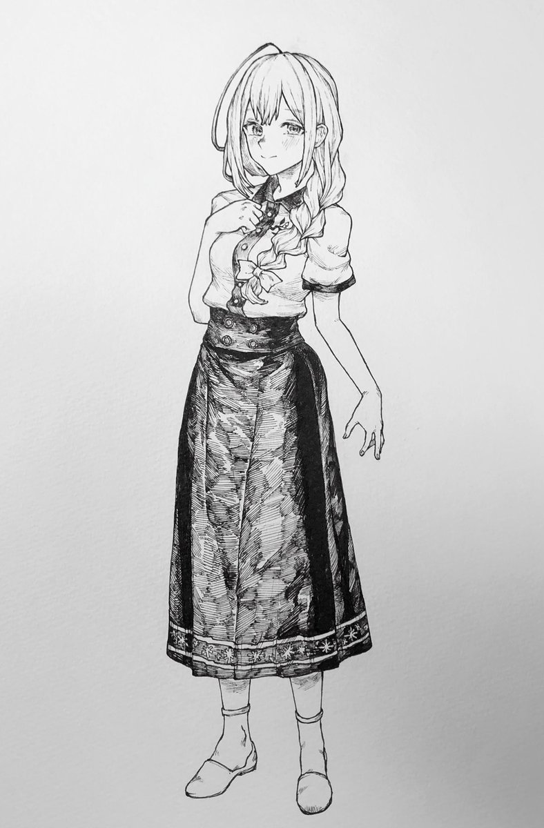 kuwayama chiyuki 1girl monochrome greyscale solo braid skirt ahoge  illustration images