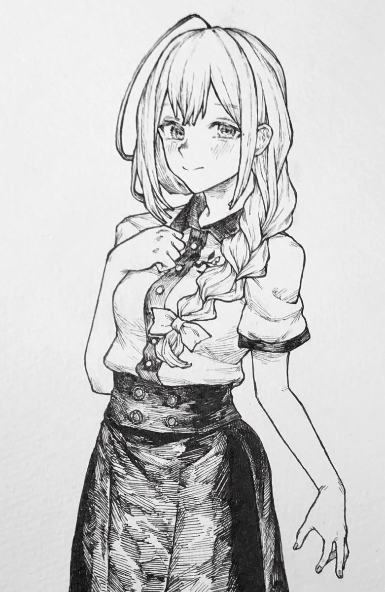 kuwayama chiyuki 1girl monochrome greyscale solo braid skirt ahoge  illustration images