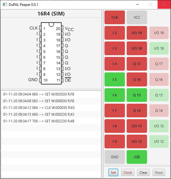 tabifata's tweet photo. Getting ready to release the Peeper, a tool to manually test the behaviour of a PAL by toggling the PINs graphically. Works connected to my DuPAL board OR it can simulate the device by using a raw state graph generated by my analyzer. #reverseengineering #electronic #repair https://t.co/Q6sScuzwu7