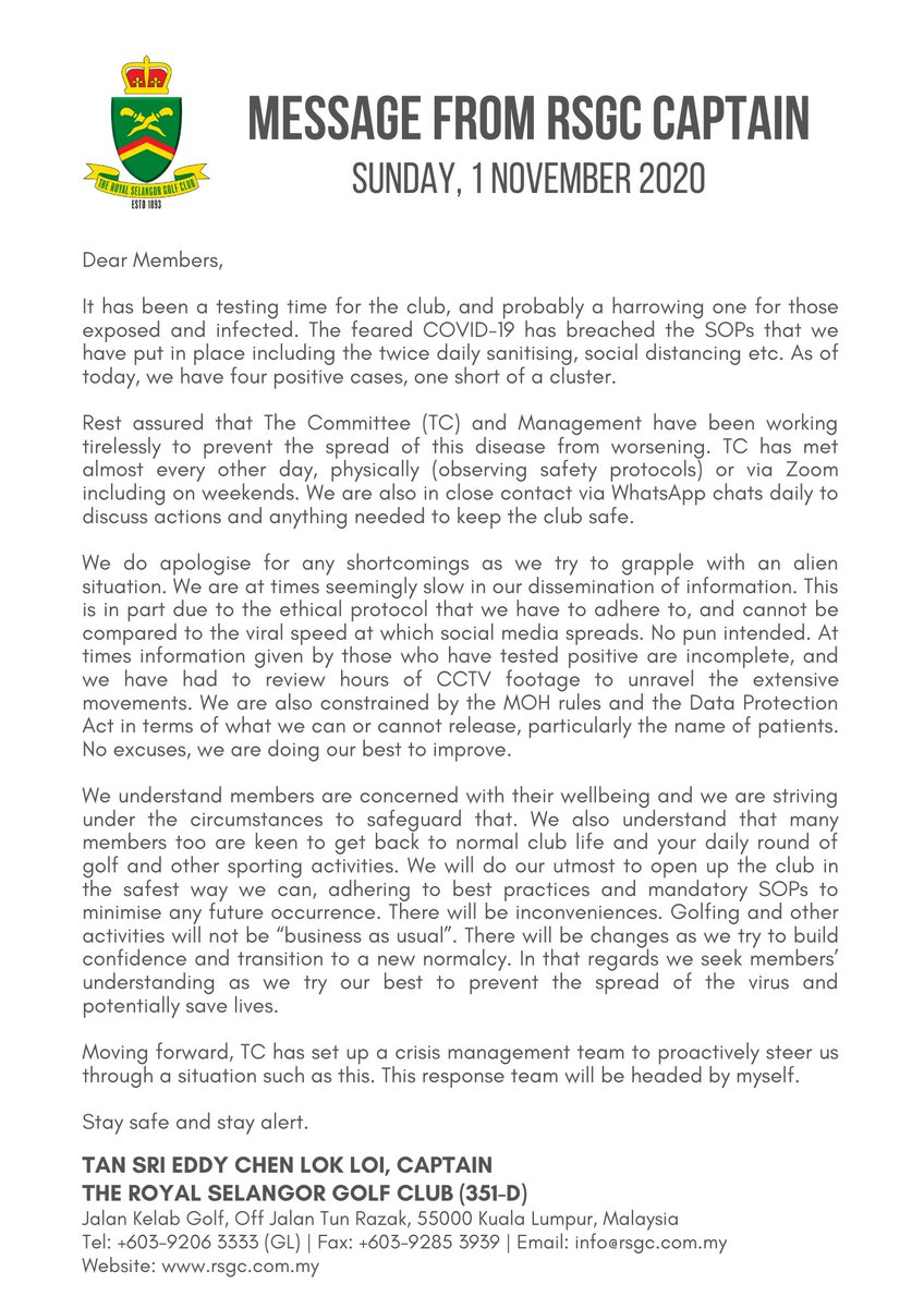 Message from RSGC Captain - Sunday, 1 November 2020