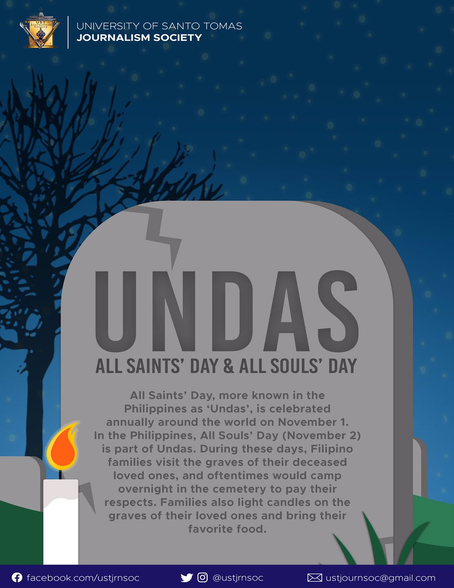 ustjrnsoc's tweet photo. BACKGROUND CHECK 021: UNDAS

Undas, which is observed in the country from November 1 to November 2, is usually a time for Filipinos to visit the graves of their departed loved ones.

#BackgroundCheck
#RedefinedUSTJRN https://t.co/Ca3yYtwKAj