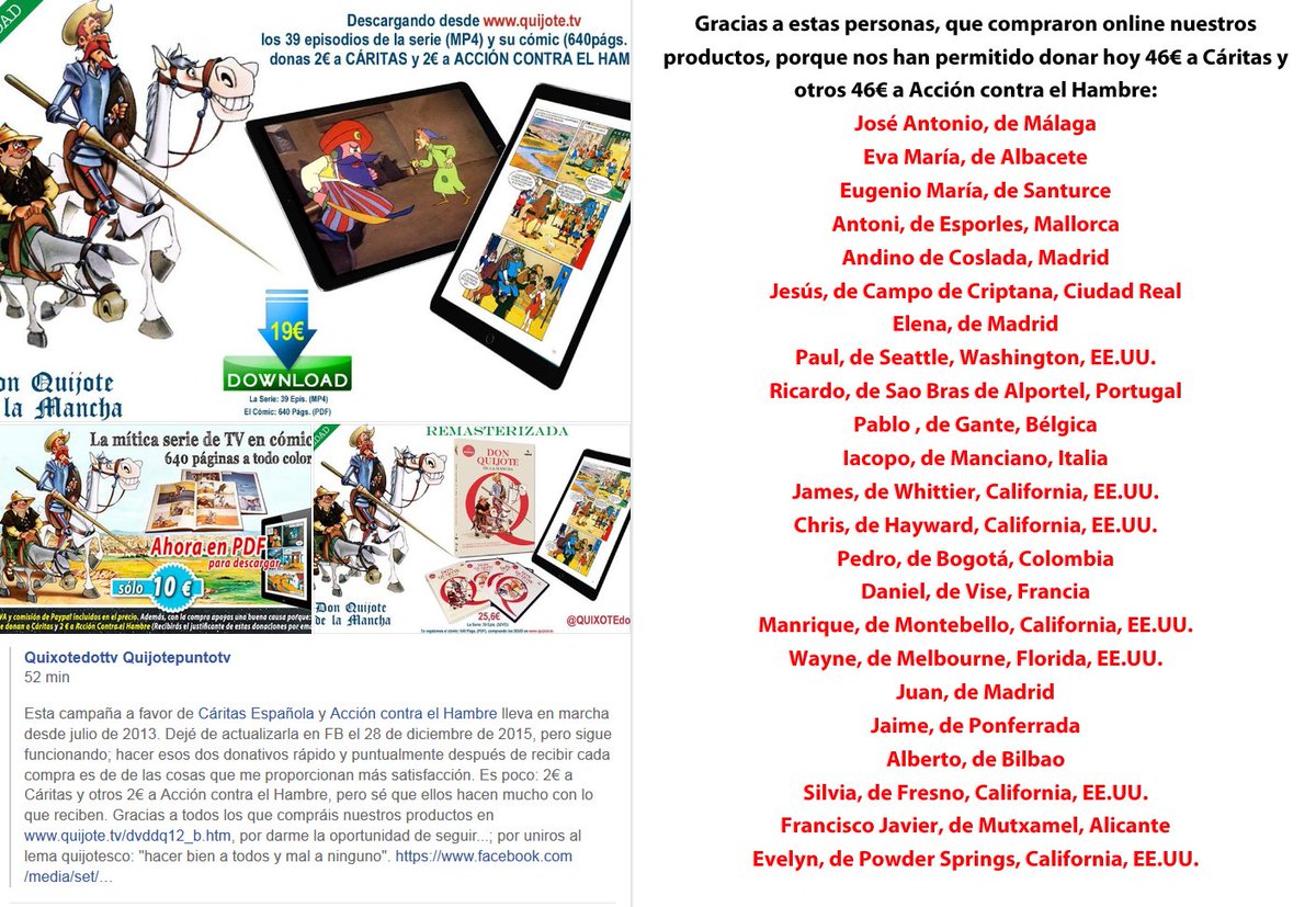 Gracias a todos los que seguís ayudándonos a seguir adelante, comprando en quijote.tv/dvddq12_B.htm y nos permitís también aportar nuestro granito de arena para que otros no lo pasen tan mal. Hoy salen 46€ para <a href="/_CARITAS/">Cáritas Española ✳️</a> y 46€ para <a href="/Acontraelhambre/">Acción contra el Hambre España</a>. ¡Un abrazo y mucha salud!