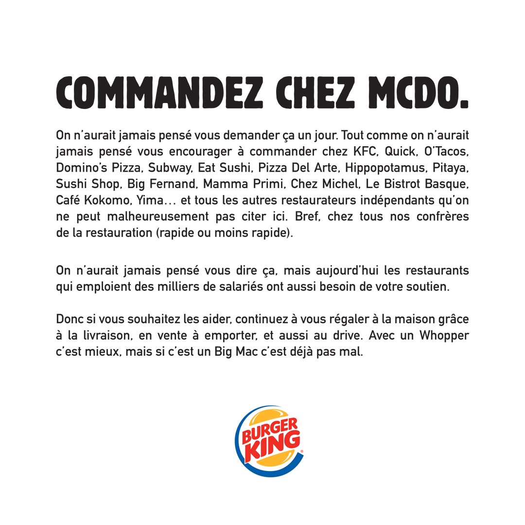 creapills's tweet photo. "Commandez chez McDo" - Quand @BurgerKingFR invite les Français à commander dans tous les restaurants (même la concurrence) pour supporter l'activité pendant le reconfinement. Beau texte et stratégie très smart 🍔

Agence : @BUZZMAN_TIME https://t.co/IkiBeKhr31
