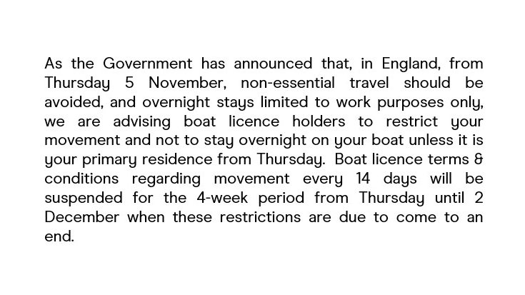 Following Government announcement yesterday of new restrictions starting from Thursday 5th November please see our latest statement - canalrivertrust.org.uk/enjoy-the-wate…