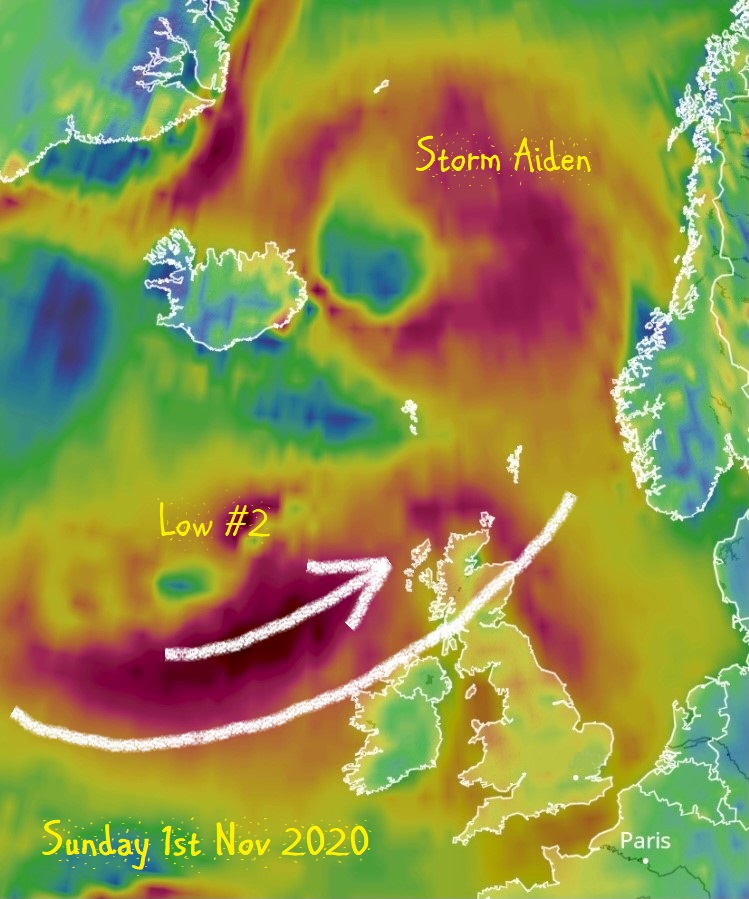 WindyWilson88's tweet photo. SUNDAY SCOTLAND 

Windy says this is how it's looking just now 

#StormAiden has tracked way off to the NE 

#Low2 is now affecting Scotland. Mostly confined to the WESTERN side of the country especially the NW

And better news regarding #Low3 it's now heading for #Englandshire https://t.co/v0WR9ciCqI