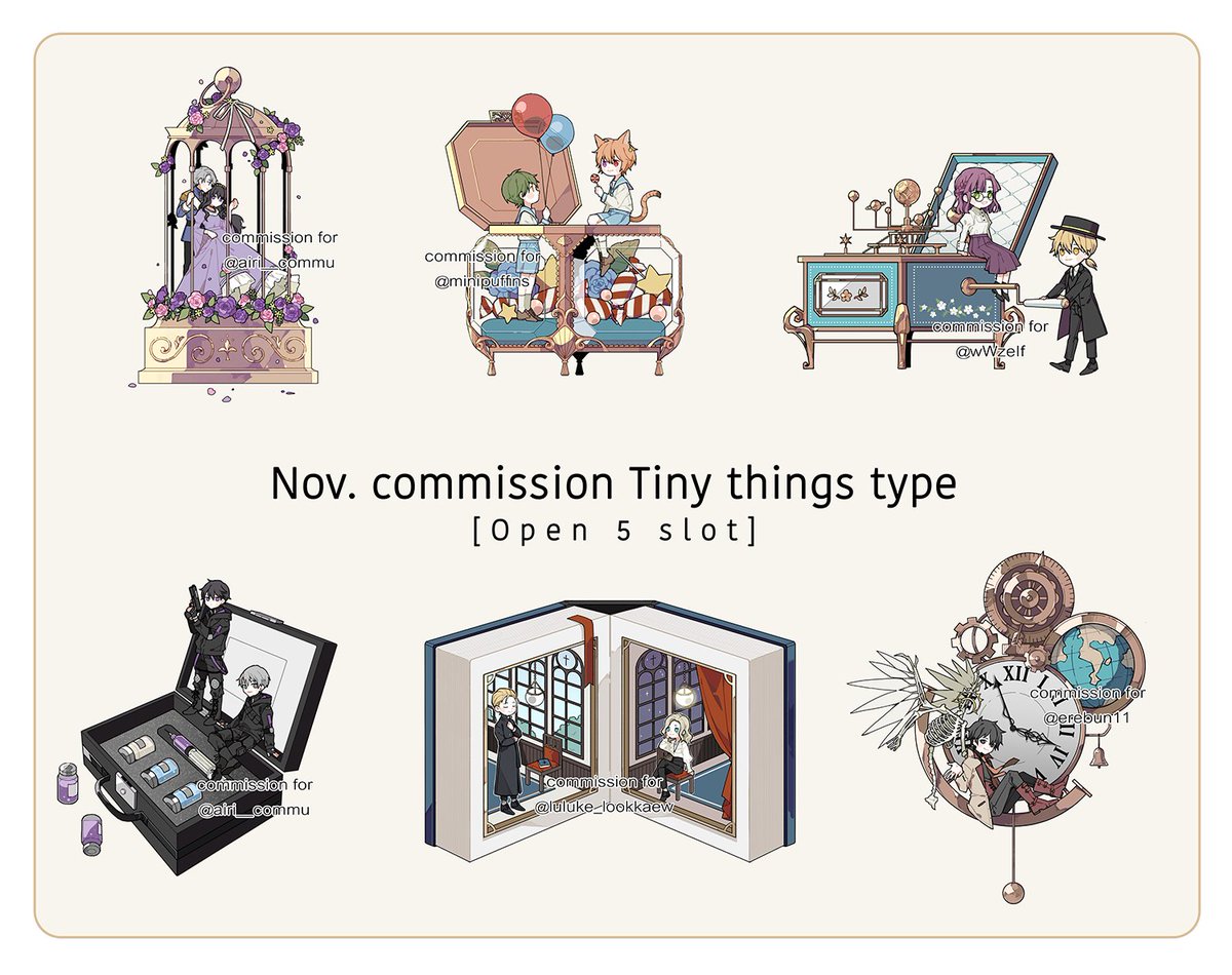 Nov. commission Tiny things type : 5 slot [TH+EN]
please reserve here ⬇︎

※ คนไทยก็จองที่ทวิตนี้เลยค่ะ ✨
※ จะไม่เปิดสลอตในเดือน ธค. ถ้าใครจะใช้สำหรับคริสมาสให้จองเดือนนี้ได้เลยนะคะ 