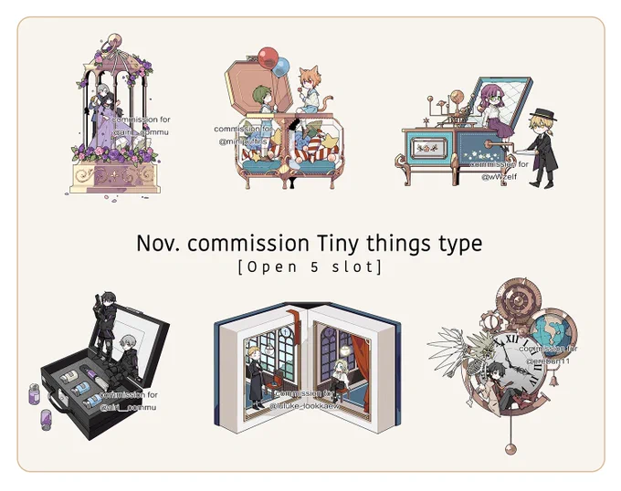 Nov. commission Tiny things type : 5 slot [TH+EN]
please reserve here ⬇︎

※ คนไทยก็จองที่ทวิตนี้เลยค่ะ ✨
※ จะไม่เปิดสลอตในเดือน ธค. ถ้าใครจะใช้สำหรับคริสมาสให้จองเดือนนี้ได้เลยนะคะ 