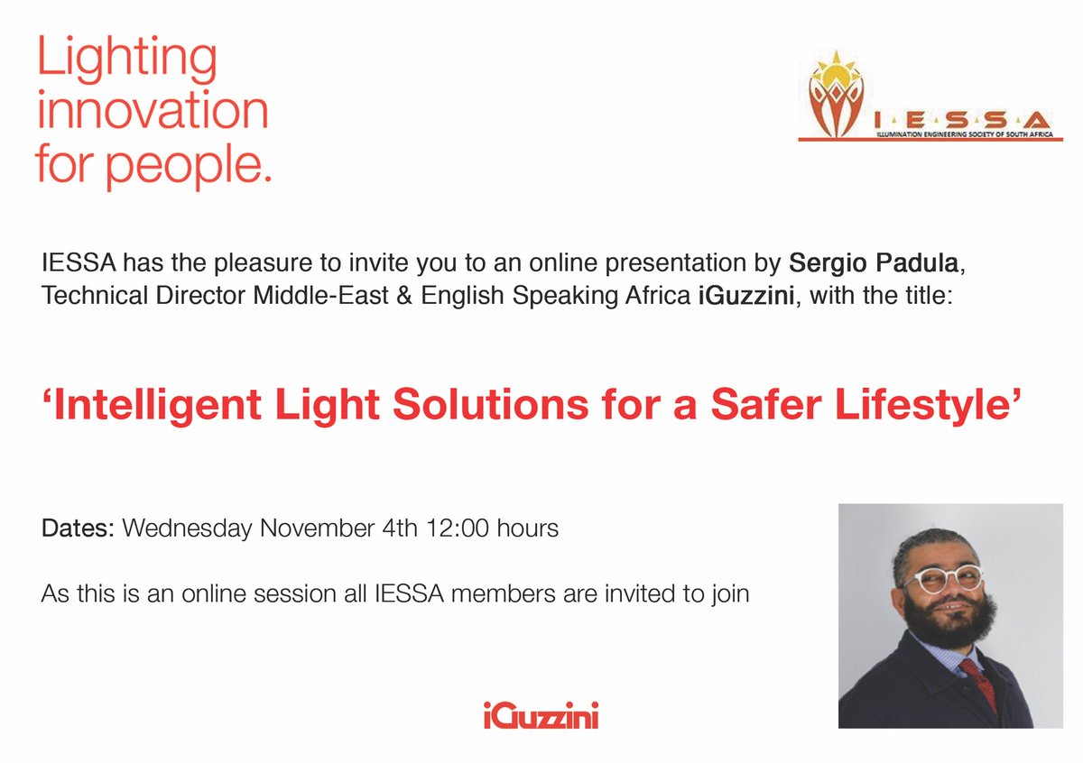 💡November 4th we will be taking part in an online presentation with our technical director <a href="/ilpadula/">Sergio Padula</a>.

A webinar organized by the Illumination Engineering Society South Africa 🇿🇦 

with the title “Intelligent Light Solutions for a Safer Lifestyle”. Stay tuned!