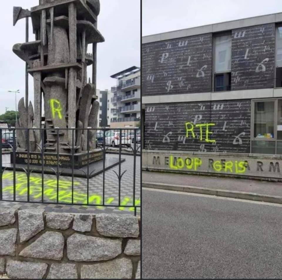 GuillaumPerrier's tweet photo. A Decines, le mémorial du génocide arménien de 1915 et le centre national de la memoire ont été profanés et tagués. “RTE”, “Loup Gris”. La banlieue de Lyon et sa communauté arménienne ont été cible de violences et menaces ces derniers mois. https://t.co/oULJhr5Z9k