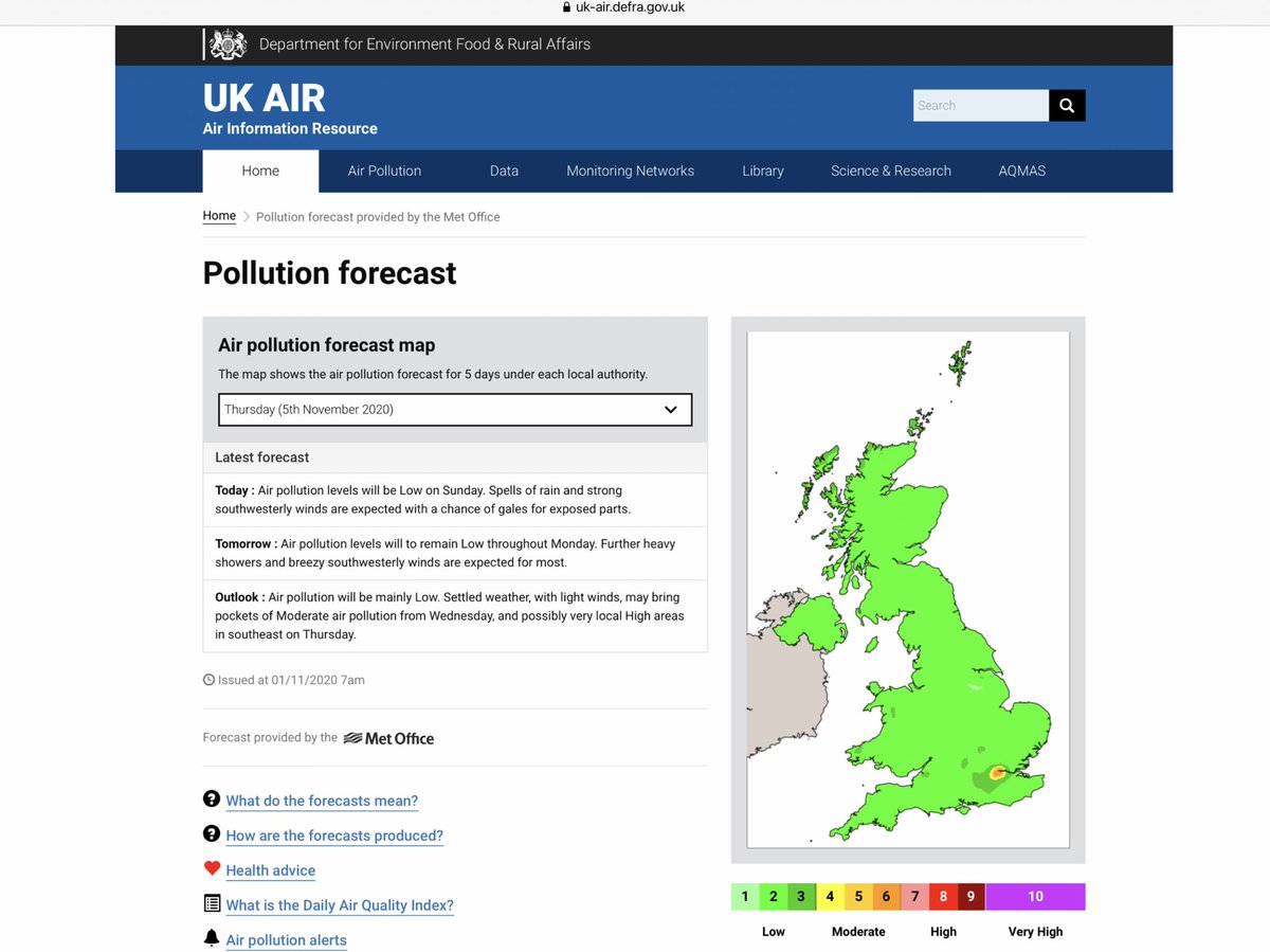 Thread 3/... Sunday morning (1 Nov) (Day 4),  @DefraGovUK says:"Settled weather, with light winds, may bring pockets of MODERATE  #AirPollution from Wednesday, and possibly very local HIGH areas in southeast on Thursday."They mean most of London. #BanWoodBurning  #BanFireworks!