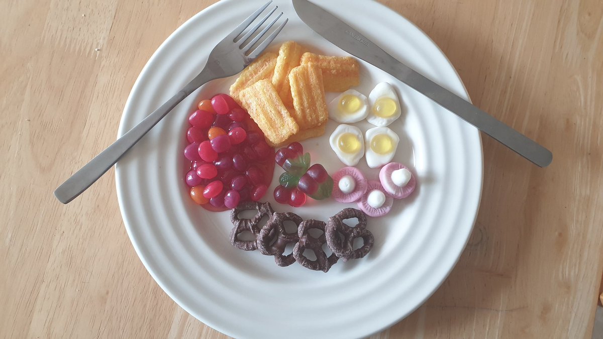 Hey <a href="/adcscoutsexeter/">adc-scouts-exeter</a> here is my full English for The Great District Breakfast, I've got bacon rashers, fried eggs, (baked) jelly beans, cherry (tomatoes), mushrooms &amp; chocolate covered pretzels (hash browns) a breakfast any scout would love #TGDB #scoutinginexeter #iscout