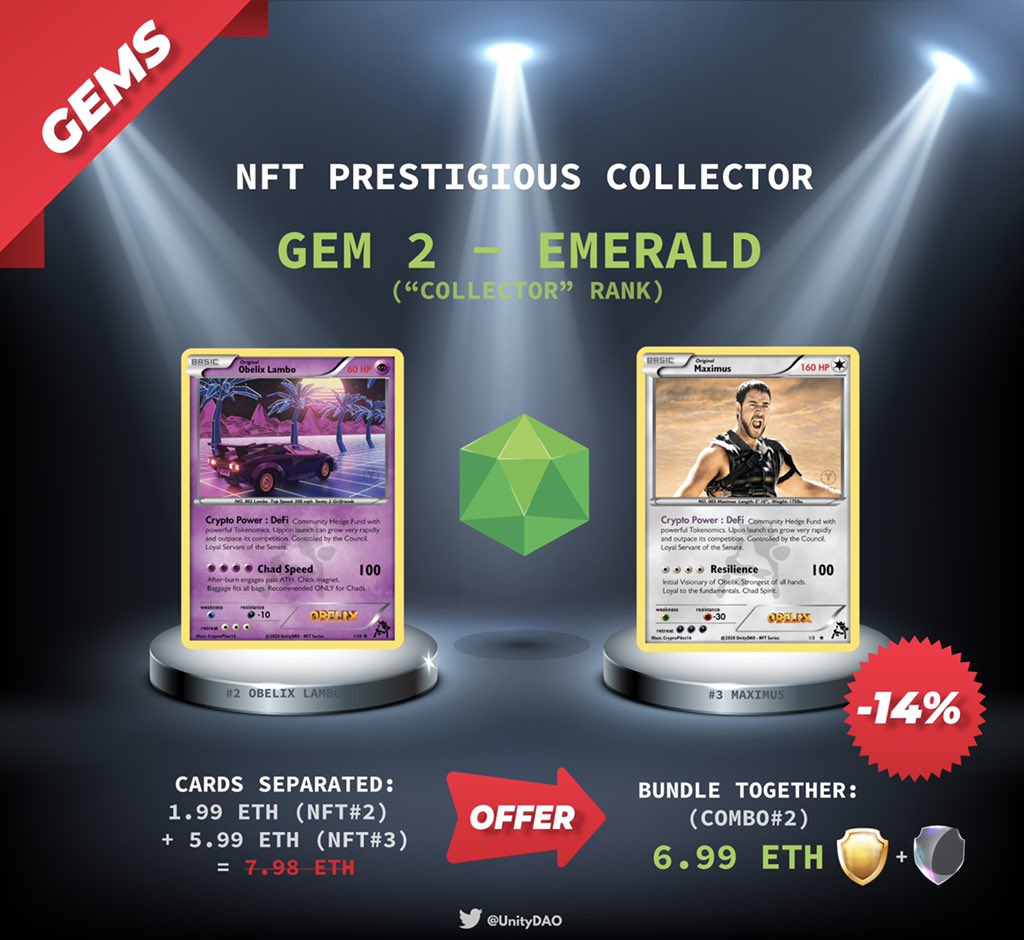 Current BEST DEAL of the WEEKSuper Prestigious Collector GemEMERALD  2nd most rare combination  Combo #2 consists of adding the SUPER RARE  #Maximus + the OFFICIAL  #Lambo  #connector card Gems will unlock the most valuable  @unitydao perksBundle -14% OFF 
