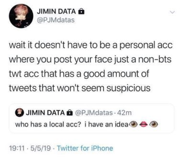 pjm data has a private acc jiminprime ( https://twitter.com/jiminprime ), used to be pjmdatas. they add hardcore jm stans and many solos to avoid leaks. they promote posts and activities and discuss. data also gives advice they can't share on their main. mentions https://twitter.com/search?q=jiminprime&src=typed_query&f=live