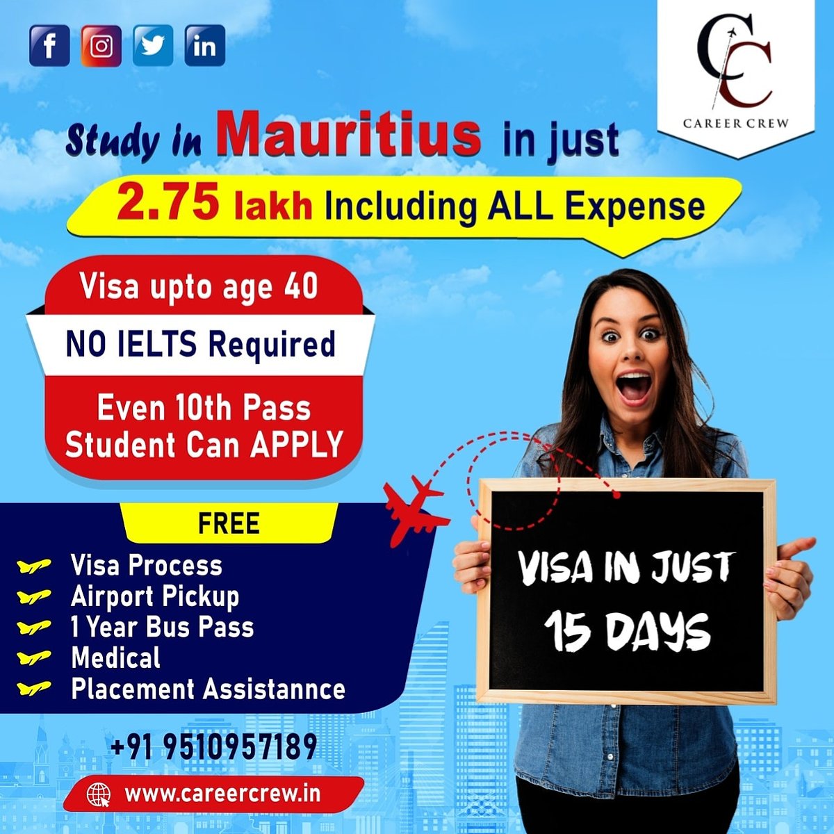 Do you wish to study in most gorgeous country on earth with lowest cost?

Call #CAREERCREW and go to #MAURITIUS.

-Minimum 10th pass Required
-Visa upto age 40
-NO IELTS REQUIRED
-Total One time Cost Only 2.75
lacs

#Visa #Career #CareerCounselling 
#StudentVisa #StudyinMauritius