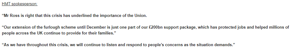 Doesn't look like Treasury will budge (today, at least) on issue of guaranteeing 80% furlough in future if devolved nations need at a point when England doesn't. Updated HMT response, after Scottish Tory leader Douglas Ross (followed SNP) and called for parity for home nations:
