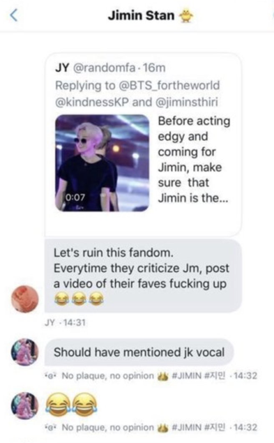 they shaded j k and ta e’s vocals and talked about ruining the fandom by posting videos of the other members fucking up every time they criticize j m.