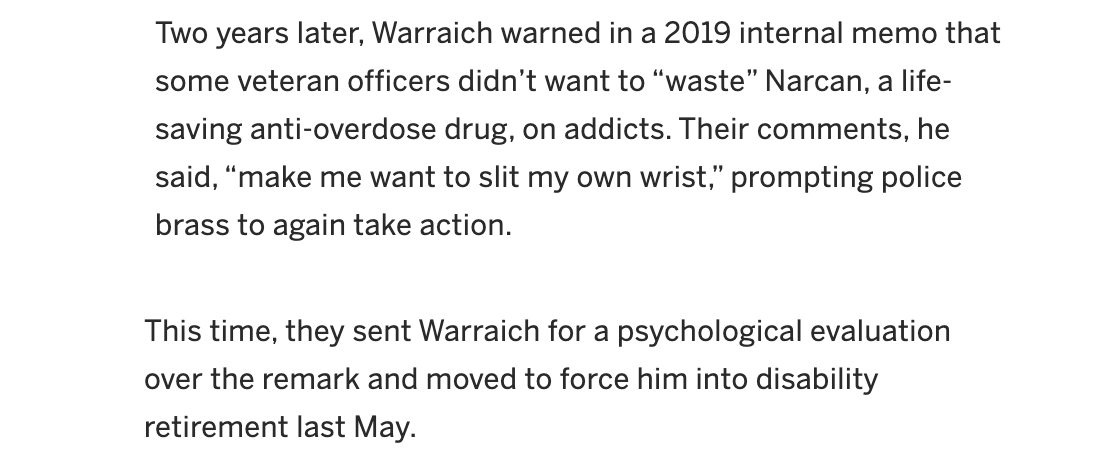 Two years later, Warraich was under another internal affairs investigation, this time for allegedly telling a rookie cop not to enforce the law (a charge he denies). In a memo, he complained -- maybe a bit dramatically -- about the culture of the department. Look what happened.
