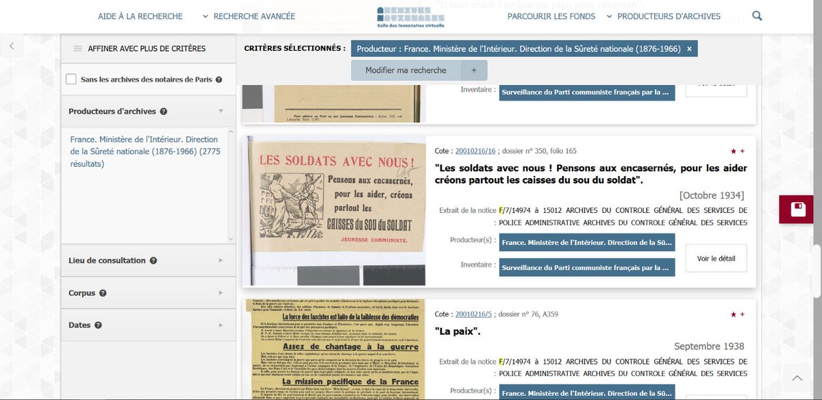 F7, Direction de la Sûreté nationale, 2775 résultats, années 1920-1930. Je suis fan des tracts communistes.