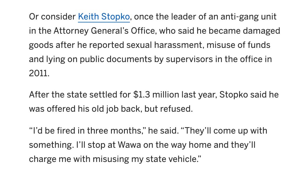 This is not a unique problem. I talked to a former detective at the state AG's office who was forced out of his job for complaining about colleagues. It took nearly a decade, but taxpayers funded his $1.3 million settlement. Here's his take on returning to law enforcement:
