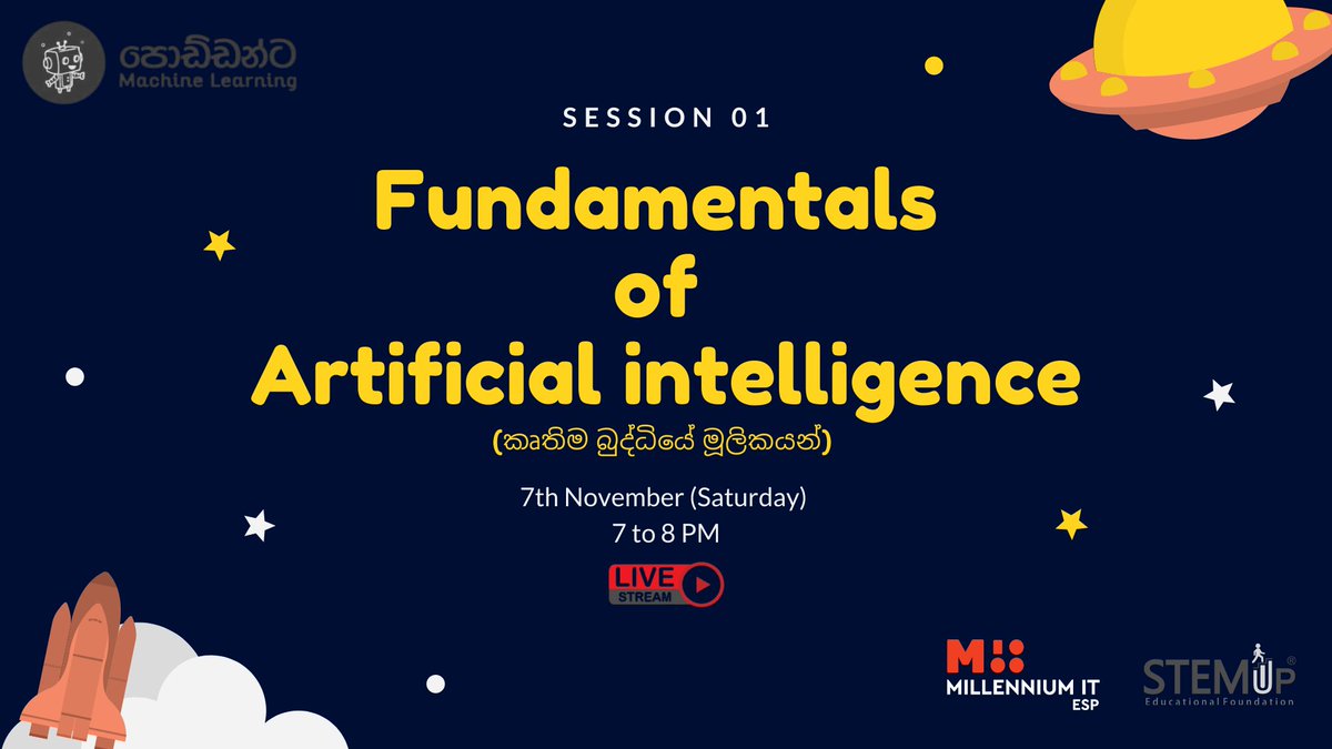 stemuplk's tweet photo. Special session series on Machine Learning and Artificial Intelligence will be delivered by පොඩ්ඩන්ට Machine Learning team in collaboration with Millennium IT ESP
Join with us on next Saturday 7PM!! #lka #ml #MachineLearning #ai #ArtificialIntelligence #mlforkids @mlforkidslk https://t.co/MuCI40oIi1
