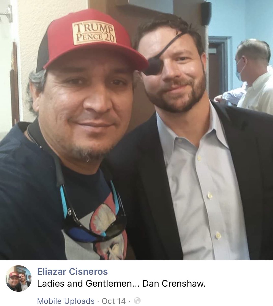 Violent Trump supporter Eliazar Cisneros posted this picture with Republican Congressman Dan Crenshaw. Eliazar was so proud that he made it his Facebook avi.