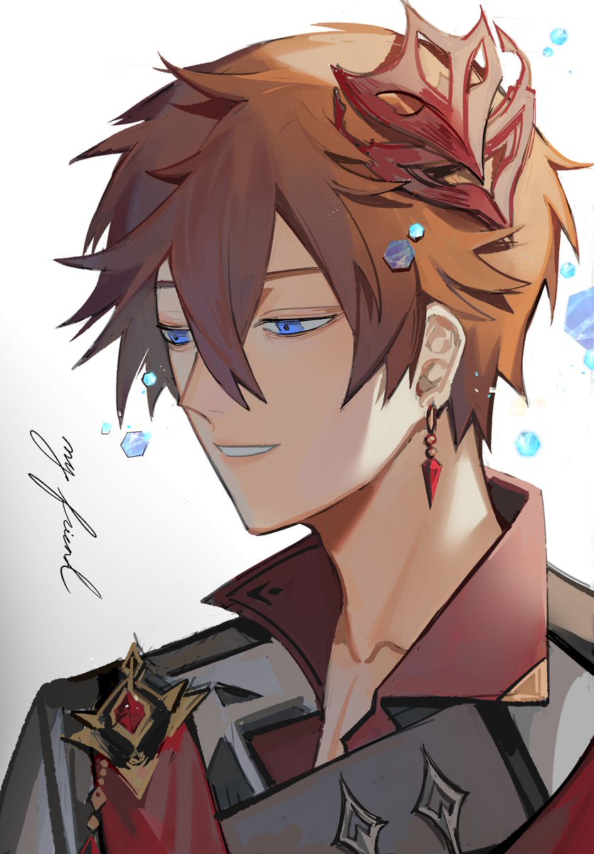 zhongli (genshin impact) 1boy male focus solo brown hair jewelry bangs earrings  illustration images