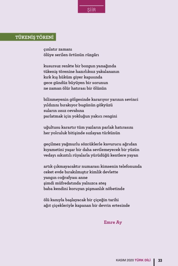 “tükeniş töreni” adlı şiirimle türk dili dergisi kasım ayı sayısındayım. 

tdk.gov.tr/genel/turk-dil…