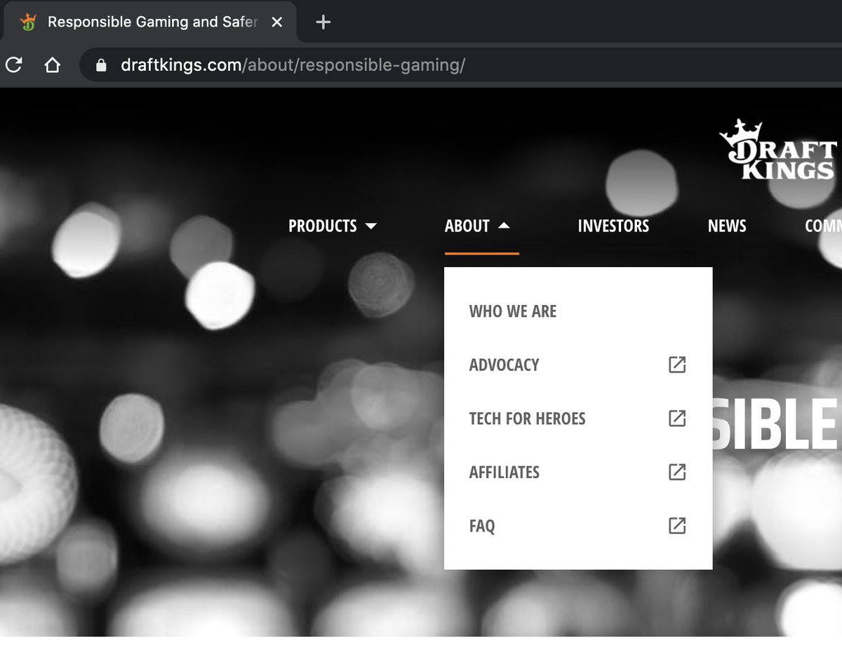 First Up: DraftKings.Interesting observation. RG is under "About" yet isn't listed in the navigation. Odd.Also, "DraftKings will comply" is used throughout, so I assume this equates to doing the minimum required by law and no more.