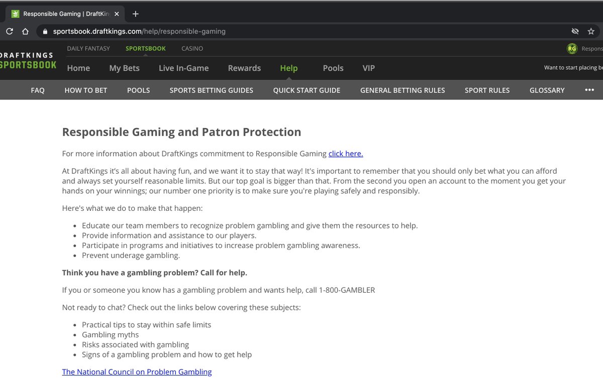 Same thing on the Sportsbook page. RG nested under Help, but absent from the Nav Bar and buried in FAQs.