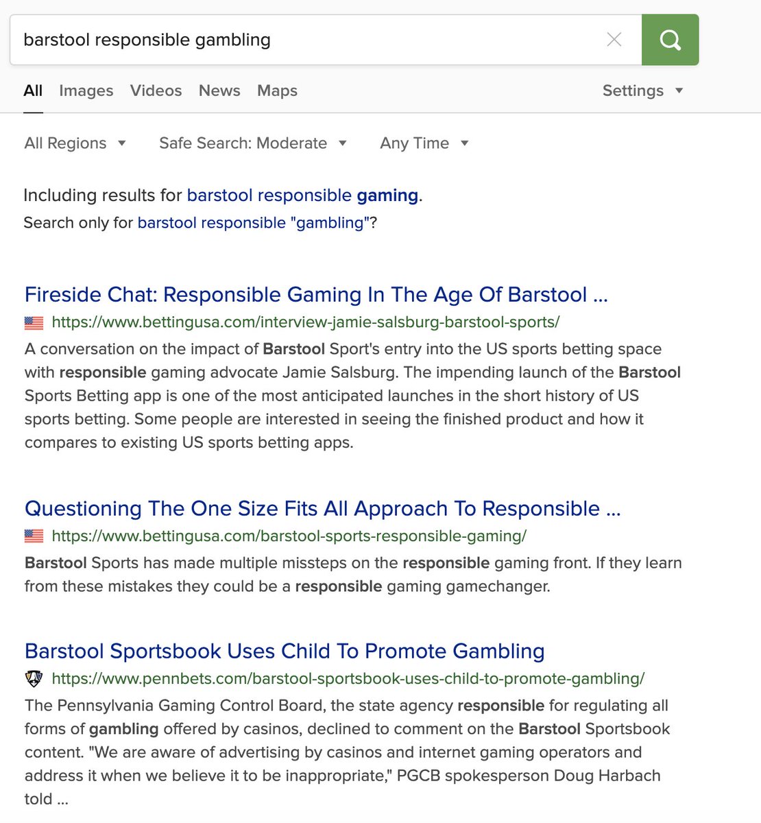 Next Up: BarstoolWhile top results for the first two were the operators, my search for "Barstool Responsible Gambling" has the fireside chat discussion  @SteveRuddock and I did a month back as the top search result, along with some less than desirable top search results.