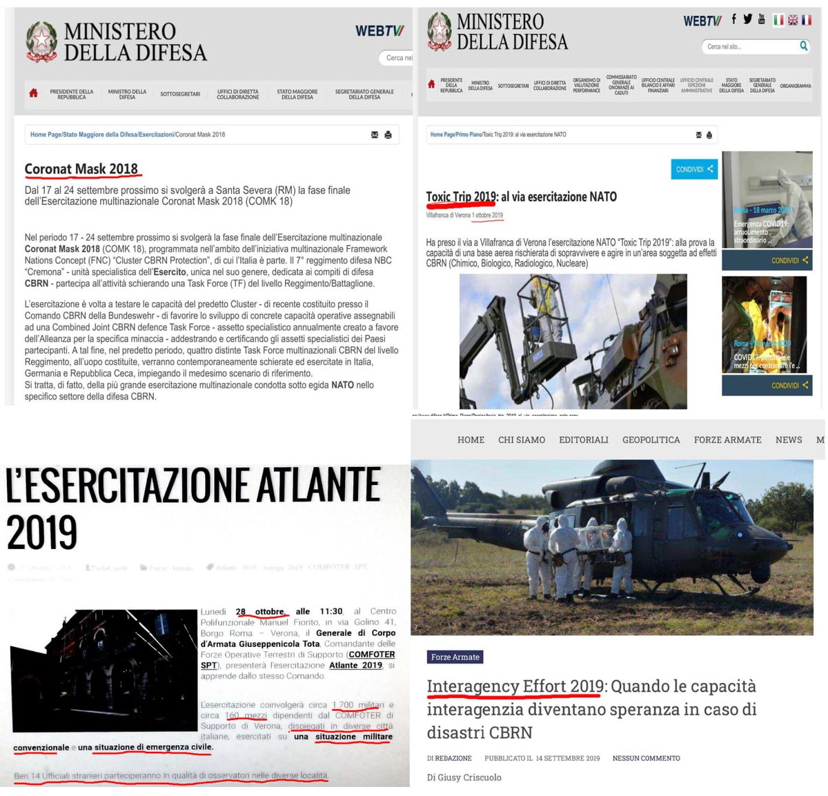 Wikileaks_Ita's tweet photo. #Biowarfare Esercitazioni Militari italiane emergenze biologiche periodo pre #Covid19...(2018-19) #ToxicTrip #AtlanteAuriga #InteragencyEffort #BoldBlast #JointShield #CoronatMask....
https://t.co/MqYi2paOBb https://t.co/76w28iPCm3