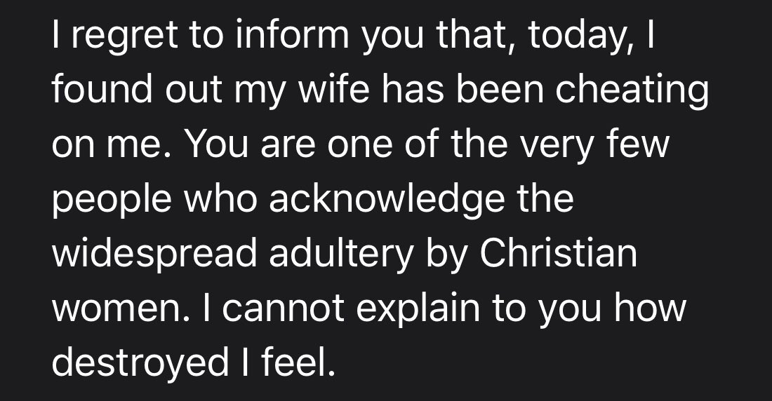 I’m tired of taking phone calls & getting texts from devastated & near suicidal men because their wives are cheating. This happens to me every year. For 19 years straight. Are pastors just cowards? Why is this NEVER addressed? It’s a silent Christian epidemic. Women do cheat!